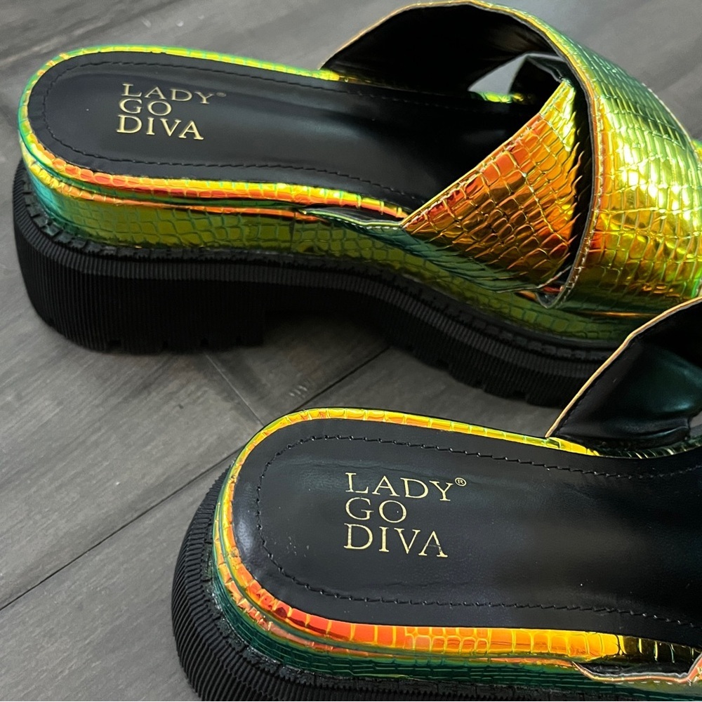 Dolls Kill Iridescent Croc Criss Cross Platform Sandals - Size 6 - Picture 11 of 13
